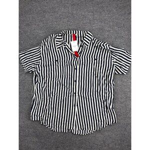 Left On Friday Button Shirt Women's L/XL Navy Blue White Stripe Short Sleeve NWT